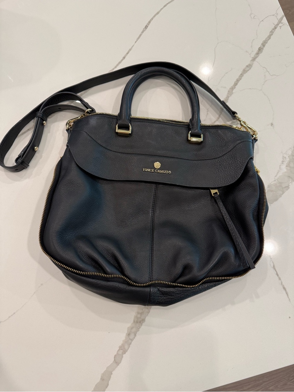 Vince Camuto Black Pebbled Leather Satchel with Gold Hardware